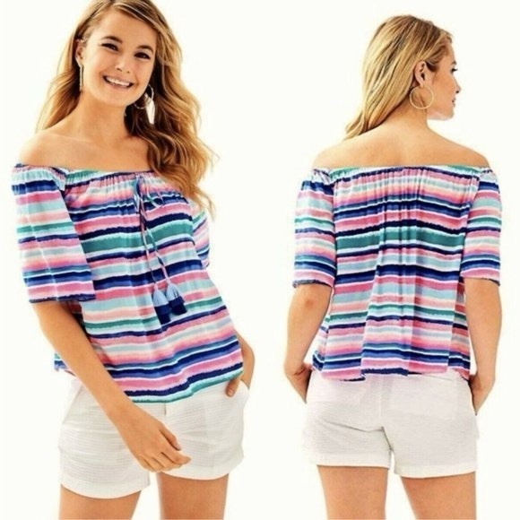 Lilly Pulitzer Off the Shoulder Sain Top in Sandy Shell Stripe Multicolor Size S - Picture 12 of 12